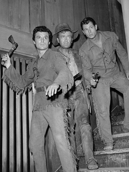 Cast of Northwest Passage (TV series) (1958). L-R: Keith Larsen, Buddy Ebsen and Don Burnett.