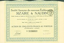 Share of the S. A. des nouveaux Etablissements Sizaire & Naudin, issued 1912 Nouveaux Etablissements Sizaire & Naudin S. A. 1912.jpg