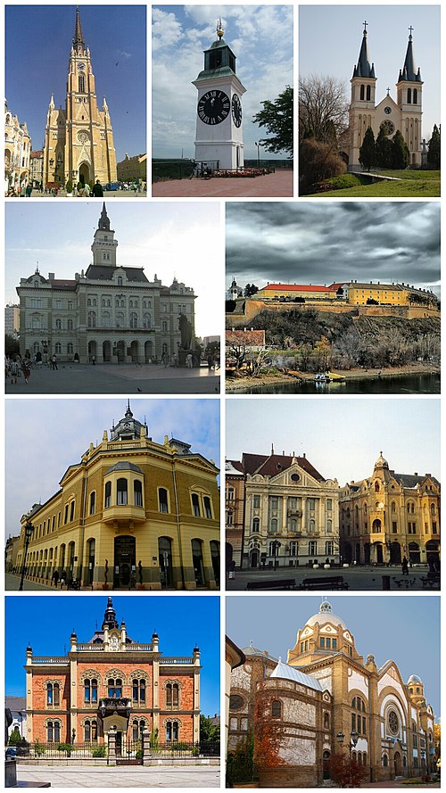 Photo montage of Novi Sad (The Name of Mary Church, Petrovaradin Clock Tower, The Our Lady of Snow ecumenic Church, Town Hall, Petrovaradin Fortress, Building of the Matica srpska, Liberty Square, Bishop Palace, Novi Sad Synagogue)