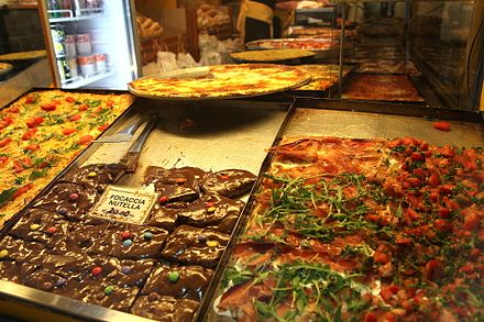 Focaccia in Genoa; most are savory, but one is topped with Nutella