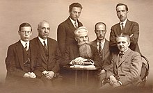 Participants at an Occidental gathering in Vienna, 1928: Engelbert Pigal, Karl Janotta, A. Deminger, Hanns Horbiger, Eugen Moess, Franz Houdek, Johann Robert Horbiger Occidental-Union, Wien 1928.jpg