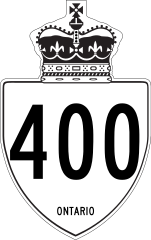 Typical Ontario primary/400-series highway sign using a bullet-shaped shield