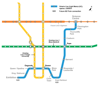 Schematic map of the Ontario Line indicating stations and connections. Thin lines indicate on-street sections of Line 5 Eglinton. Ontario Line route.svg