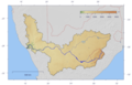 Course and watershed of the Orange River with topography shading and political boundaries.