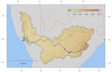 Canal del río Orange con topografía sombreada y límites políticos