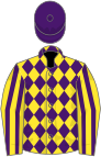 Yellow and purple diamonds, striped sleeves, purple cap