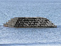 Oyster castle reef, Gandy's Beach shoreline protection project Oyster reef in the bay made from oyster castles, about 60%25 complete (22620795960).jpg