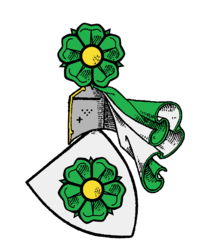 Původní erb pánů z Krumlova – jezdec se zelenou růží na stříbrném poli