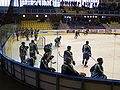 Players of HC ZUBR Přerov warming up before the 2nd National Hockey League's 3rd play-off game with VHK Vsetín