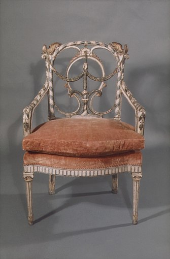 Neoclassical - armchair, c.1780, carved and polychromed walnut, received upholstered in beige silk brocade, currently upholstered with modern cotton and linen velvet, Metropolitan Museum of Art