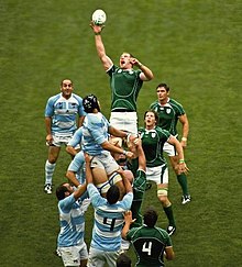 Paul O'Connell winning the line-out against Argentina in 2007 Paul O'Connell Ireland Rugby.jpg