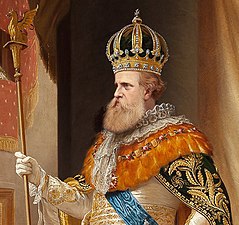 Emperor Pedro II of Brazil wearing a wide collar of orange toucan feathers around his shoulders and elements of the Imperial Regalia. Detail from a painting by Pedro Américo (1872)