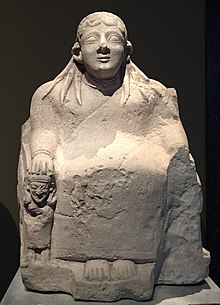 Limestone figurine on a throne from Cyprus, 6th century BCE, "probably" representing Astarte, on display at Kunsthistorisches Museum in Vienna PhoenicianGoddess(Astarte )onThrone ViennaKunsthistorischesMuseum cropped FaustynaE.jpg