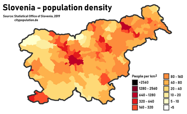 Population density in Slovenia by municipality. The four main urban areas are visible: Ljubljana and Kranj (centre), Maribor (northeast) and the Slovene Istria (southwest).