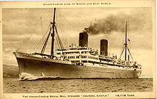 Arundel Castle after being fitted with a more raked bow and her four funnels reduced to two Postcard RMS Arundel Castle.jpg