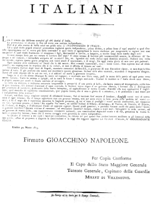 <span class="mw-page-title-main">Rimini Proclamation</span> 1815 proclamation by Joachim Murat, King of Naples