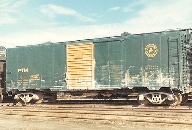 Portland Terminal Company boxcar #51 in china clay service at Portland, Maine Yard 8 in the summer of 1968