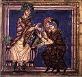 Accoglienza di sant'Audomaro e di suo padre Friulf a Luxeuil (Vita di Sant'Audomaro; XI secolo, Capitolo della Cattedrale; Ms 698. Biblioteca municipale di Saint-Omer).