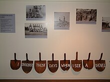 Mining in Tennant Creek was very hard work because gold in the area is found in iron ore. Ray Anderson Exhibition Installation Photo - Shovels.JPG