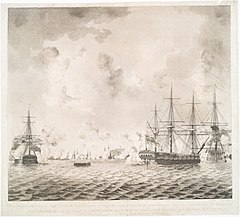 Augusta. (third from right) at the action off Mud Fort on 15 November 1777 Representation of the action off Mud Fort in the River Delaw - (3990756934).jpg