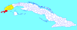 Municipalité de Sandino (rouge) dans la province de Pinar del Río (jaune) et Cuba