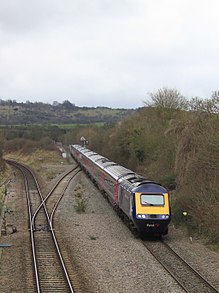 Saunderton looking south to the separate alignments Saunderton - FGW 43196+43088 Paddington to Weston-super-Mare diverted.JPG