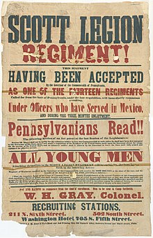 Recruitment flyer used by the 20th Pennsylvania Volunteers (also known as the Scott Legion), Philadelphia, 1861. Scott Legion (20th PA Volunteer Infantry) 1861 recruitment notice.jpg