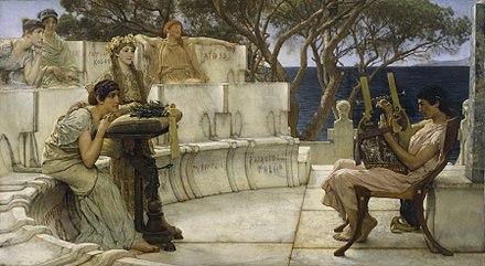 Sappho listens as the poet Alcaeus plays a kithara. (Painting by Lawrence Alma-Tadema, 1881)[8]