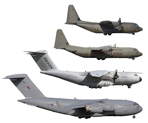 The A400M (third from top) and aircraft it is intended to replace or complement: C-130 (top), C-130J-30 and C-17 (bottom).