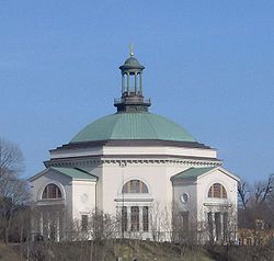 Skeppsholmen Church (now Eric Ericsonhallen) viewed from Gamla stan Skeppsholmskyrkan i Stockholm.jpg