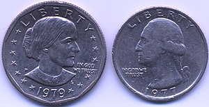 The similarity in size and material composition between the new Susan B. Anthony dollar (left) and the Washington quarter (right) caused immediate confusion in transactions. Small dollar and quarter comparison.jpeg