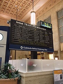Split-flap display at 30th Street Station in 2013, since moved to the Railroad Museum of Pennsylvania Solari Board.jpg