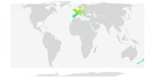 Heimsútbreiðsla (Allt árið-grænt, sumardvöl-gult, vetrardvöl-blátt)