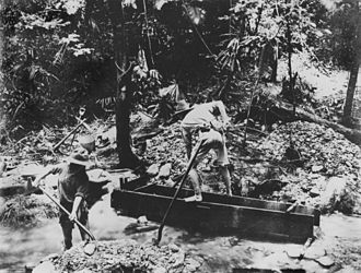 Tin mining to the east of Mount Pieter Bottle in 1884 StateLibQld 1 160661 Tin mining in the Bloomfield River district, ca. 1884.jpg