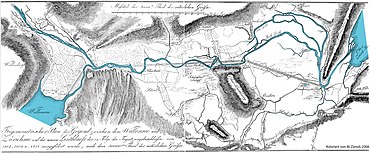 Mapa ukazuje řeku Linth před tím, než byla v roce 1811 kanálem.