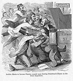 Sudden Mania to Become Pianists created upon hearing Steinway's Piano at the Paris Exposition. After a lithograph by "Cham", Amédée de Noé. From: Harper's Weekly, issue August 10, 1867, reporting on the 1867 Paris Exposition