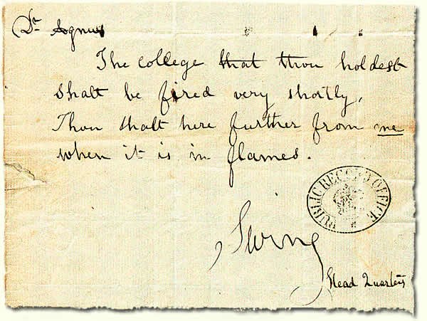 A letter threatening to burn Corpus Christi College, Cambridge, sent in 1830 and signed "Swing".