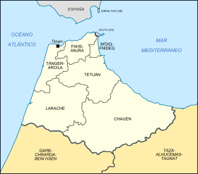 Carte administrative de Tanger-Tétouan, ancienne région marocaine et qui coïncide largement avec la péninsule tingitane.
