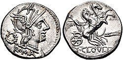 Denarius of Titus Cloelius, 128 BC. On the obverse is the head of Roma, on the reverse is Victoria driving a biga, with a corn-ear below. T. Cloelius, denarius, 128 BC, RRC 260-1.jpg