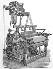 A loom from the 1890s with a dobby head. Illustration from the Textile Mercury. TM158 Strong Calico Loom with Planed Framing and Catlow's Patent Dobby.png