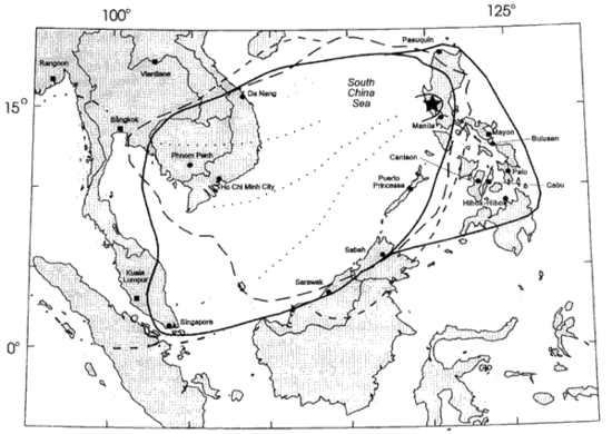 The location of Mount Pinatubo and the regional ash fallout from the 1991 eruption Tephra fall from 1991 eruption of Mt Pinatubo.gif