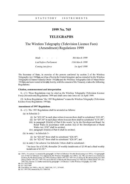 File:The Wireless Telegraphy (Television Licence Fees) (Amendment) Regulations 1999 (UKSI 1999-765 qp).pdf