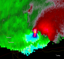 Strong mesocyclone on a thunderstorm near Tuscaloosa, Alabama, that was analyzed as fitting the characteristics of a TVS. It was associated with a tornado. Tornado Vortex Sig, tuscaloosa.png