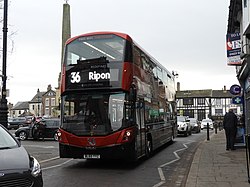 Transdev Harrogate's 36-branded 3625, a 2016 Volvo B5TL Wright Gemini 3, on a 36 in Ripon.