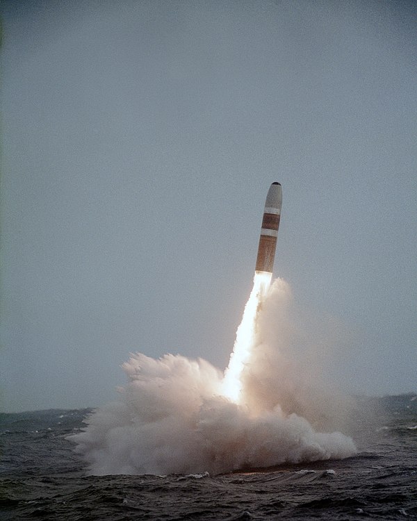 A UGM-96 Trident I clears the water after launch from a US Navy submarine in 1984.