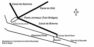 Twin Bridges Drawing showing merging of Canal du Midi, Canal de Brienne, and Canal de Garonne.
.mw-parser-output .geo-default,.mw-parser-output .geo-dms,.mw-parser-output .geo-dec{display:inline}.mw-parser-output .geo-nondefault,.mw-parser-output .geo-multi-punct{display:none}.mw-parser-output .longitude,.mw-parser-output .latitude{white-space:nowrap}
43deg36'40''N 1deg25'10''E / 43.61111degN 1.41944degE / 43.61111; 1.41944Coordinates:
43deg36'40''N 1deg25'10''E / 43.61111degN 1.41944degE / 43.61111; 1.41944 Twin Bridges Toulouse (Gloverepp).jpg