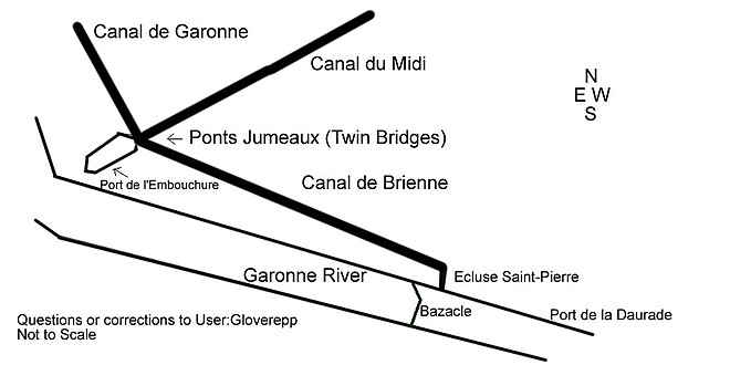 Schéma décrivant la jonction des trois canaux au port de l'Embouchure.