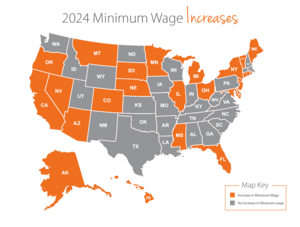 US map shows which states increase their minimum wage at some point in 2024. US map showing which states increased their minimum wage this year.png