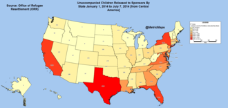 Image that portrays what states received the most unaccompanied children from Central America from January 2014 to July 2014. Unaccompanied Children Released to Sponsors by State, January 2014 - July 2014 from Central America.png