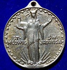 Upper Silesia Plebiscite 1921 cast iron campaign medal of the pro- German side. The obverse shows the Bavarian born Saint Hedwig of Silesia. Upper Silesia Plebiscite 1921 Fe- Campaign Medal of the pro- German Side (obverse).jpg